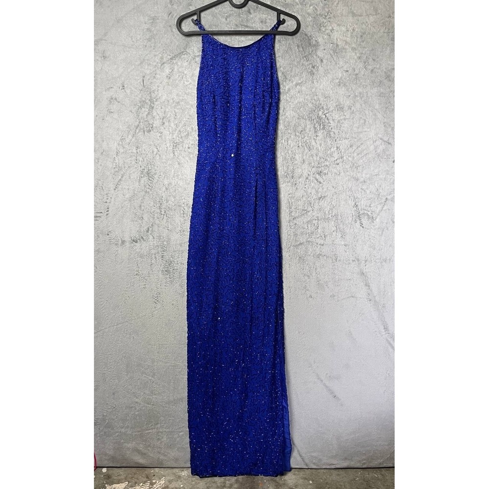 VTG Andretta Donatello Blue Beaded Silk Open Back High Slit Formal Gown XS Party